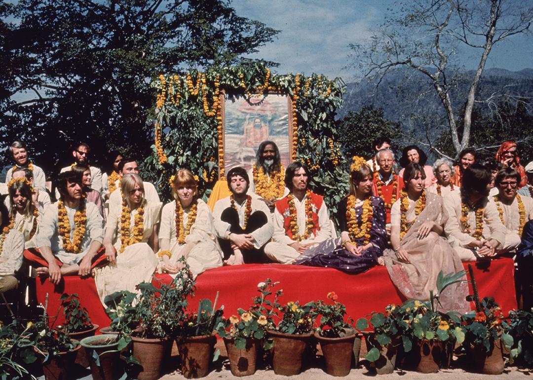 The Beatles with the Maharishi Mahesh Yogi at Chaurasi Kutia.