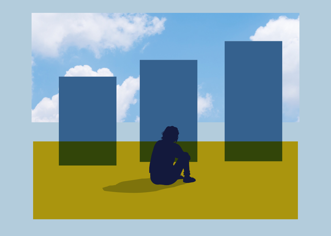 Silhouette of a person sitting in front of abstract bar chart and sky.