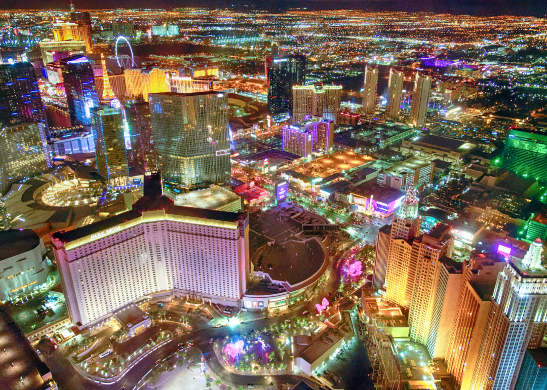 Bird's eye view of the Vegas strip at night.