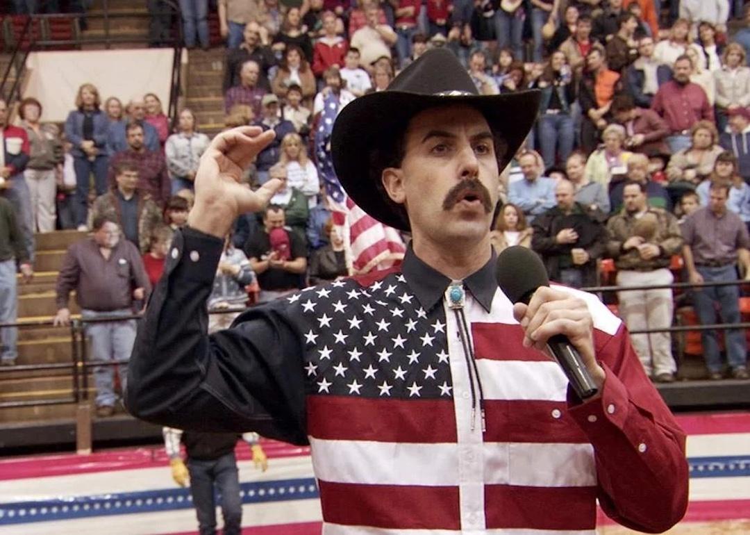 Sacha Baron Cohen as Borat at a rodeo in the 2006 comedy "Borat: Cultural Learnings of America for Make Benefit Glorious Nation of Kazakhstan"