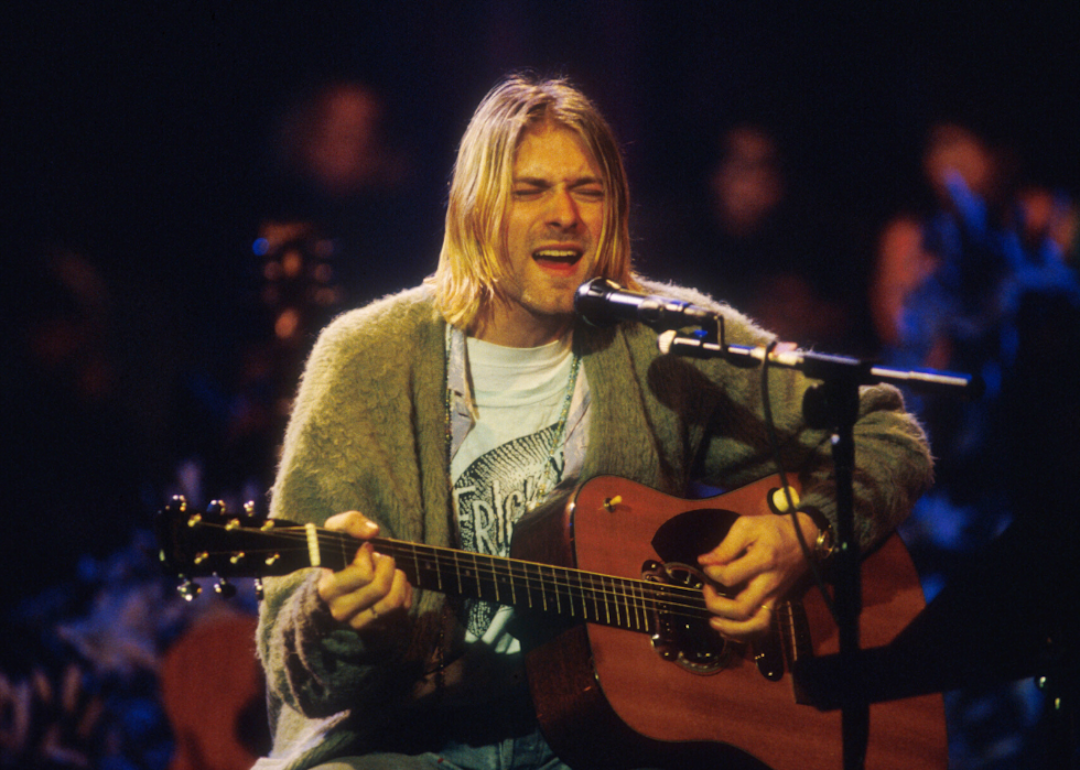 Kurt Cobain of Nirvana recording the band's "MTV Unplugged" live album at Sony Music Studios in New York City.