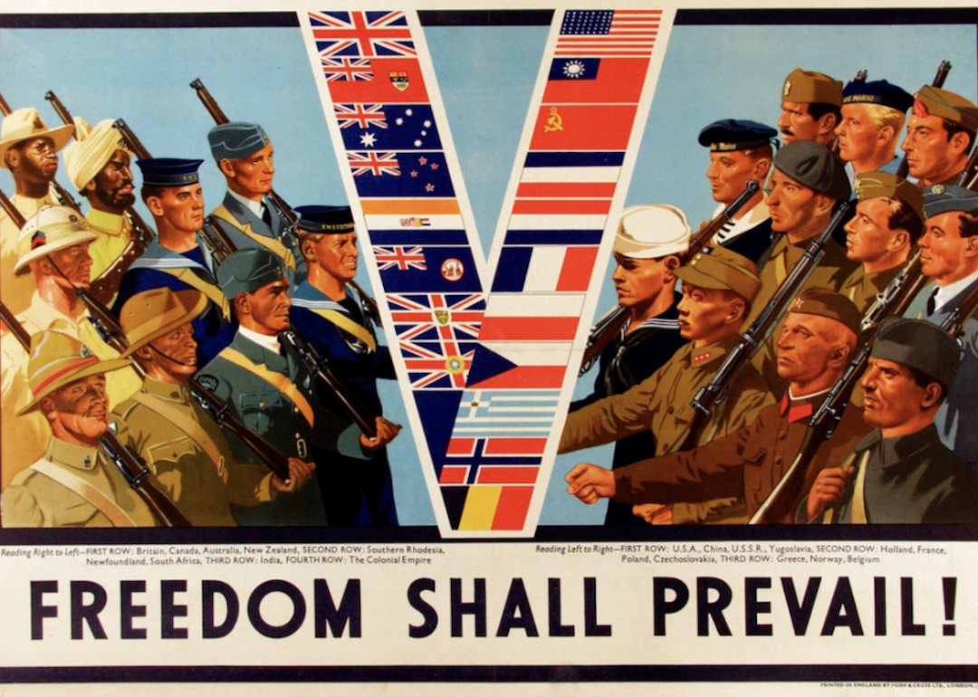 1941 poster by William Little showing two groups of armed soldiers, one from each of the countries allied to fight Germany, Japan, and Italy, facing a big V for victory made up of the flags of each of the countries allied in the fight, with the message "Freedom shall prevail!" at the bottom.