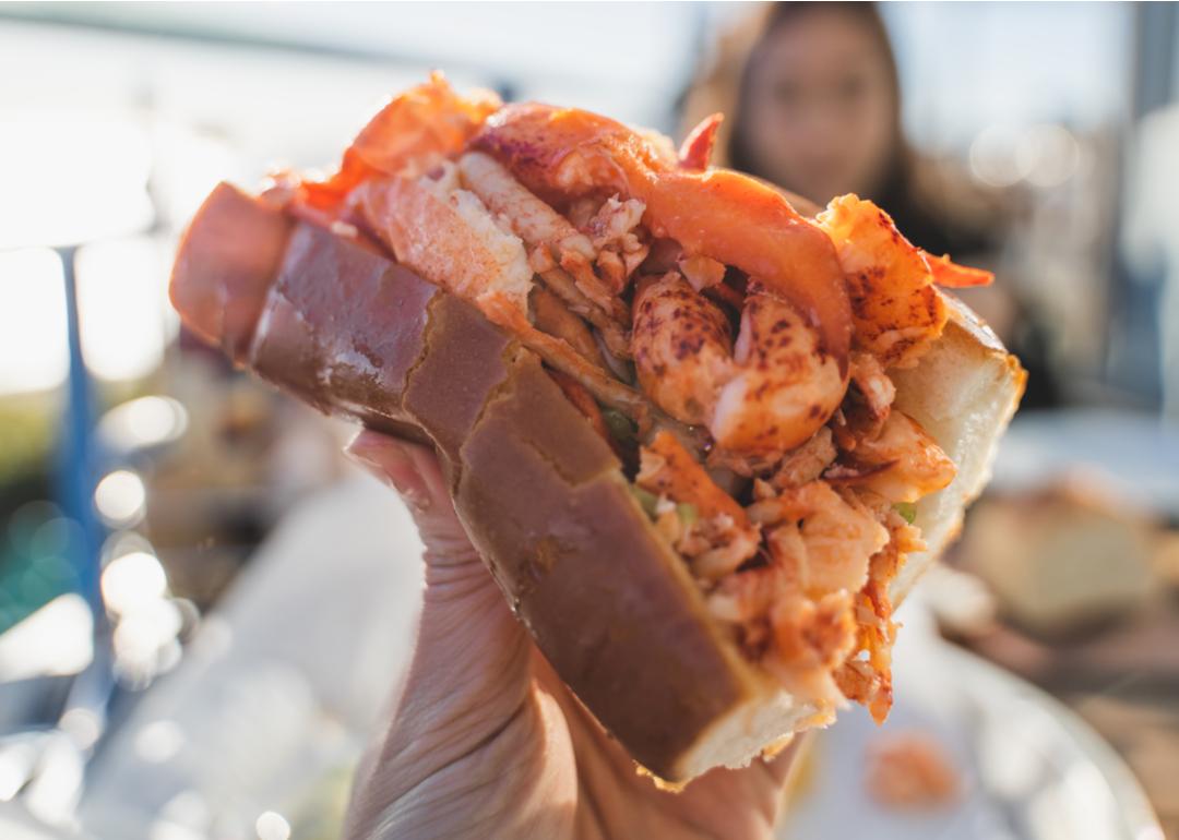Closeup of a hot lobster roll, the signature dish of Connecticut