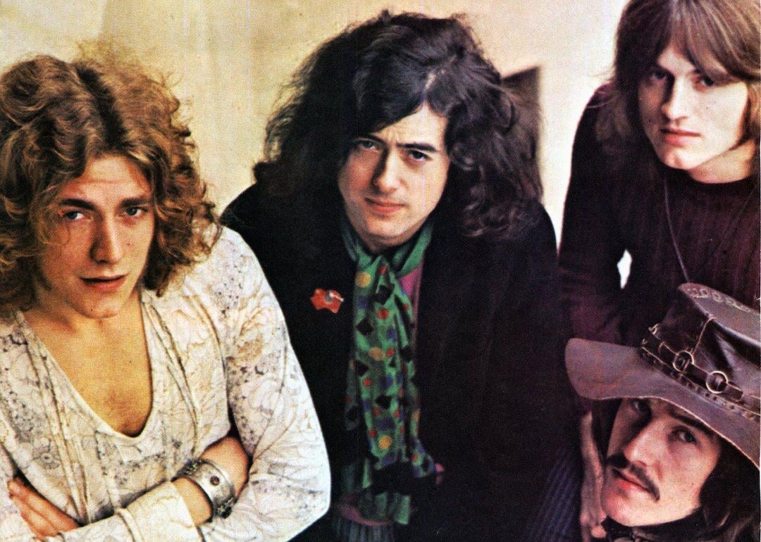English rock group Led Zeppelin posed circa 1969. L-R: Robert Plant, Jimmy Page, John Paul Jones (behind), John Bonham (front)