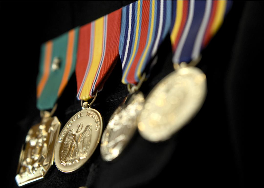 Closeup of four military medals on USMC Marines uniform