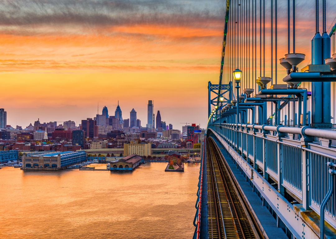 View of Philadelphia, Pennsylvania skyline from bridge