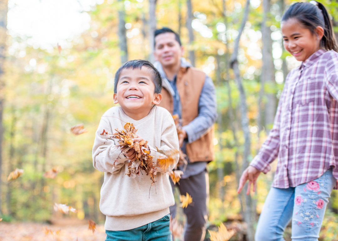 A young boy, his older sister, and his father play in the leaves in the woods