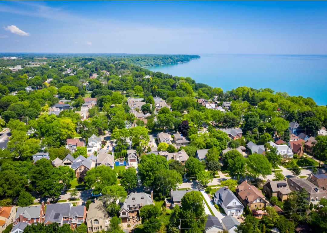 Aerial view of Whitefish Bay, Wisconsin looking north featuring Lake Michigan