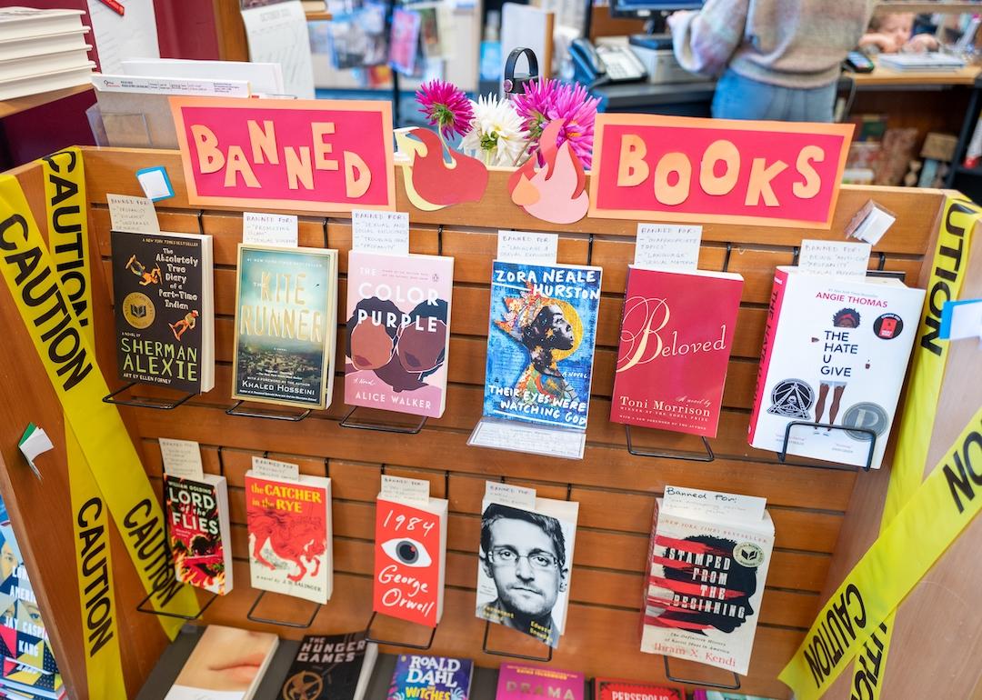 Display of banned books or censored books at Books Inc independent bookstore in Alameda, California, October 16, 2021.