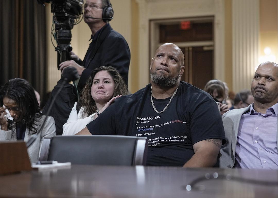 Serena Liebengood, the widow of U.S. Capitol Police officer Howard Liebengood, Sandra Garza, the long-time partner of fallen Capitol Police Officer Brian Sicknick, U.S. Capitol Police Officer Pfc. Harry Dunn, and U.S. Capitol Police Sgt. Aquilino Gonell listen during a hearing held by the Select Committee to Investigate the January 6th Attack on the U.S. Capitol on June 09, 2022 on Capitol Hill in Washington, DC.