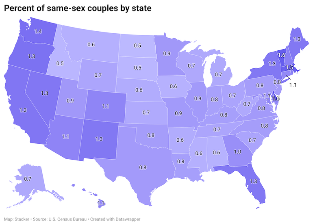 This map shows the percent of same-sex couples as a share of all married couples per state.