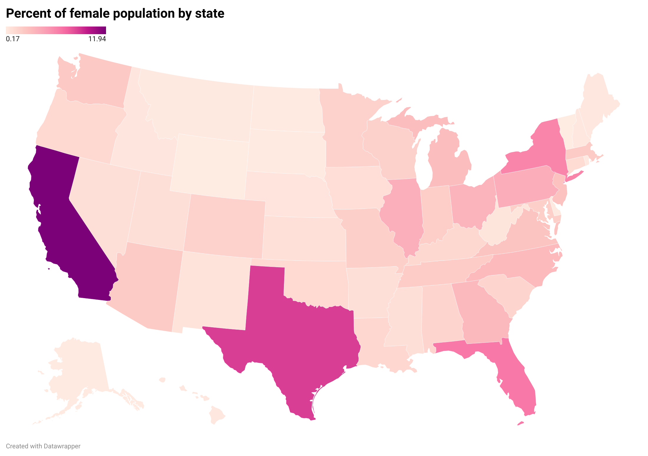 Color-coded map showing percent of female population by state