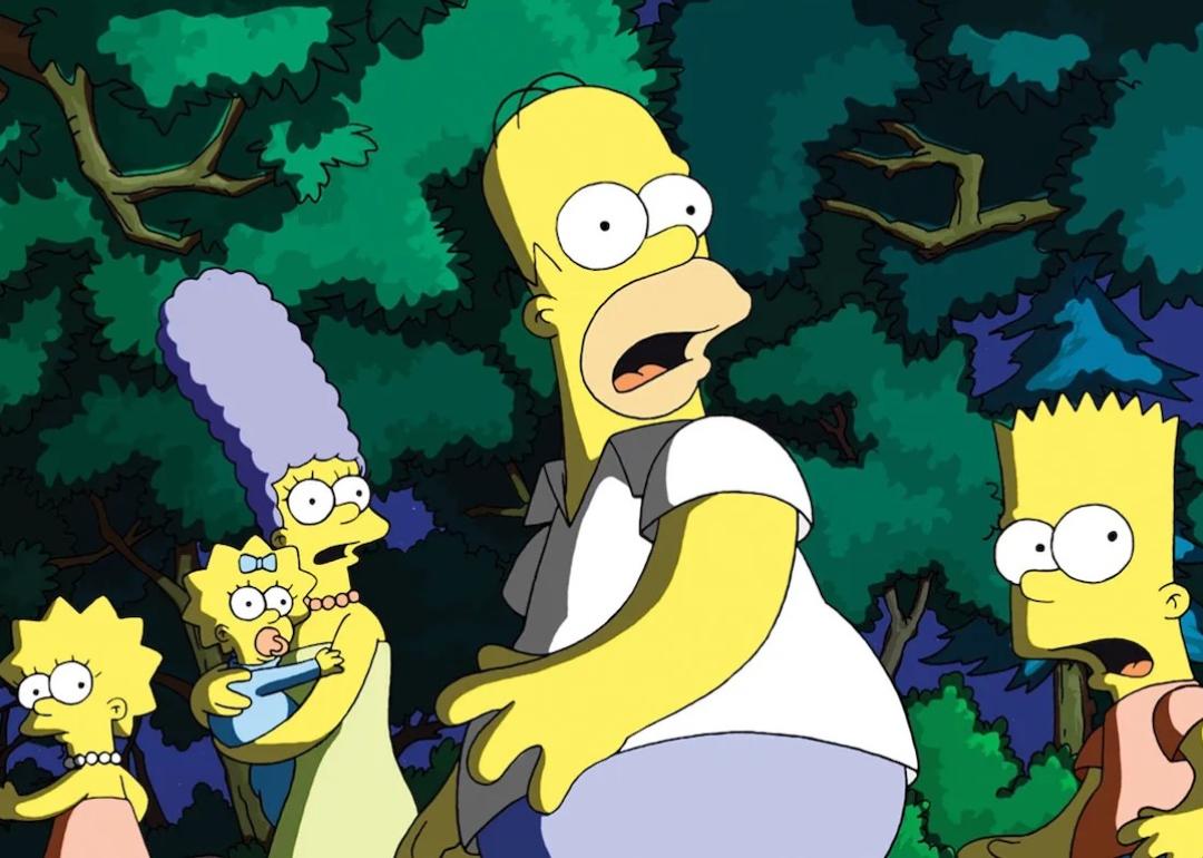 Lisa, Maggie, Marge, Homer, and Bart scared in the woods in "The Simpsons"