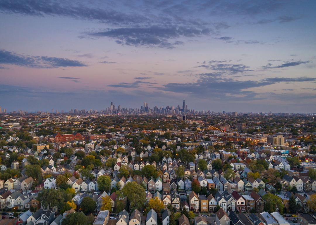 Naperville, a Chicago suburb, in the foreground with Chicago skyscrapers in the background.
