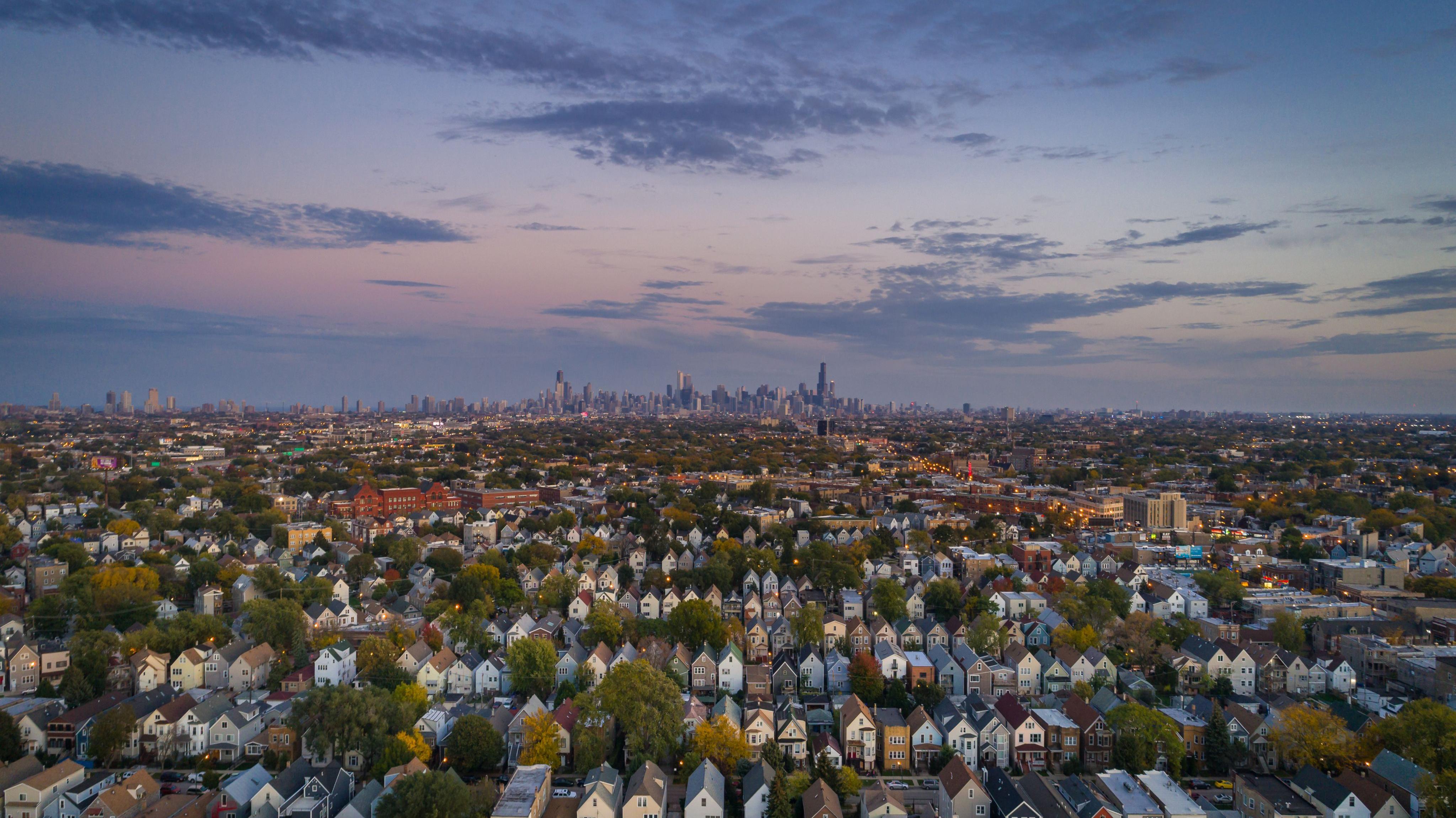 Naperville, a Chicago suburb, in the foreground with Chicago skyscrapers in the background.