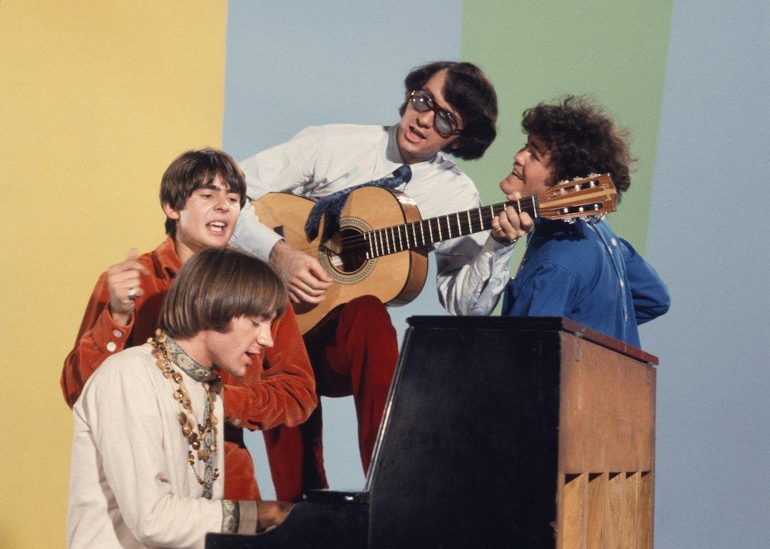 Davy Jones, Mickey Dolenz, Peter Tork and Mike Nesmith on the set of the television show The Monkees in August 1967 in Los Angeles, California. 
