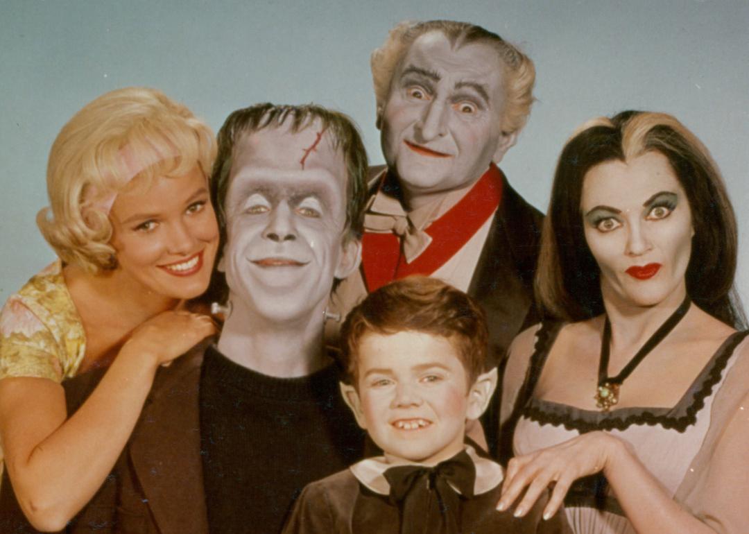 Al Lewis and Butch Patrick along with Fred Gwynne and Yvonne De Carlo of the Munster family in a publicity photograph from the television series 'The Munsters' circa 1964.