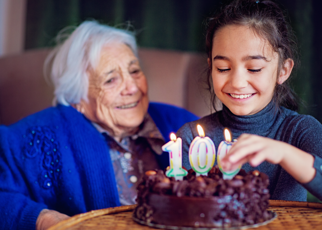 Great-grandmother celebrating her 100th birthday with her great-granddaughter with a chocolate cake.