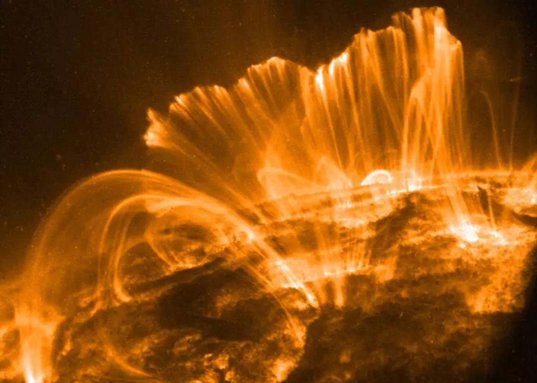 A series of coronal loops extending over the sun’s surface
