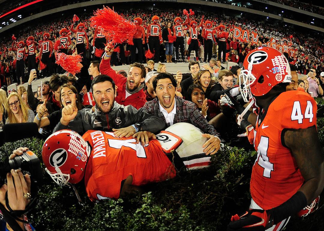 Chuks Amaechi #41 of the Georgia Bulldogs celebrates with fans after the game against the Missouri Tigers on October 17, 2015 in Atlanta, Georgia.