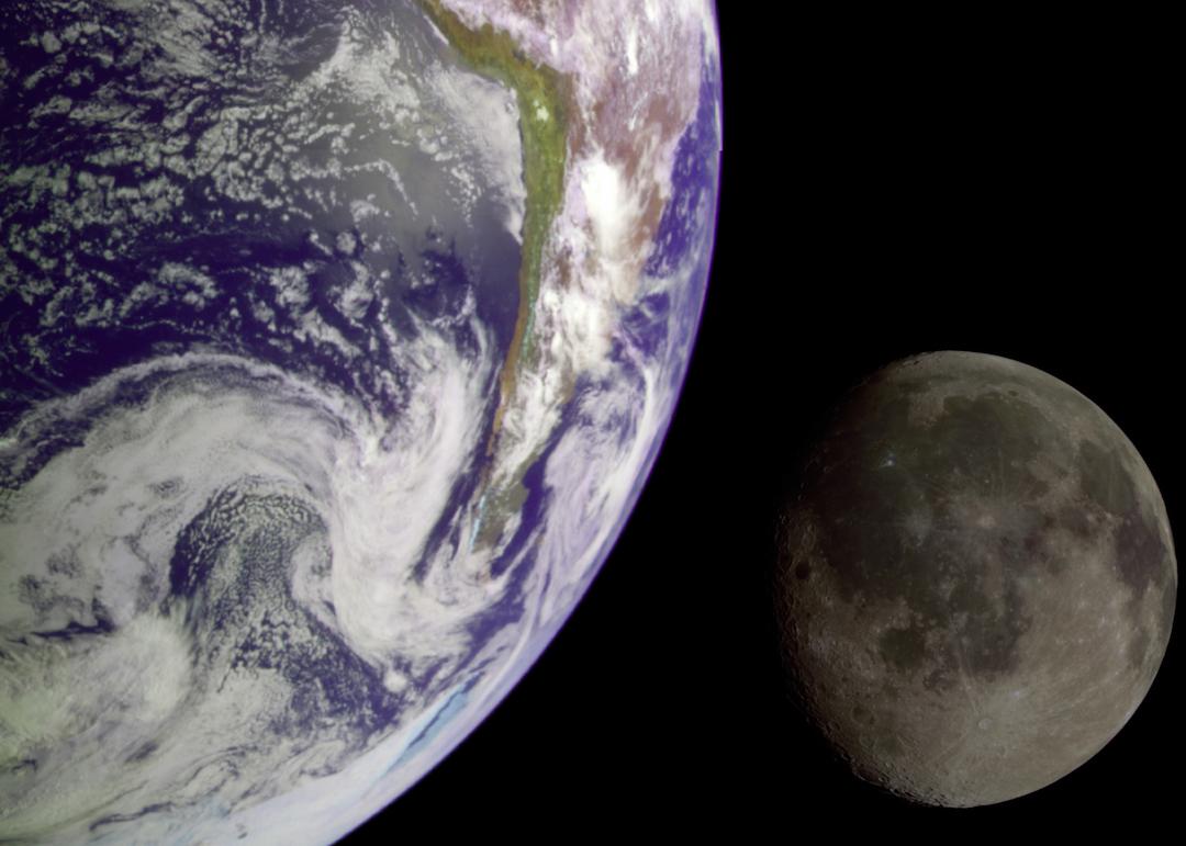 During its 1992 flight, the Galileo spacecraft returned images of the Earth and Moon. Separate images of the Earth and Moon were combined to generate this view.