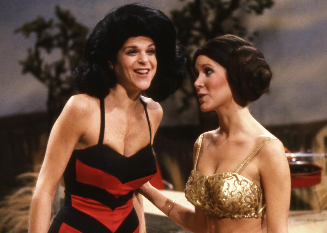 Gilda Radner and Carrie Fisher in bathing suits for sketch on "Saturday Night Live." Fisher wears her "Princess Leah" hairdo.