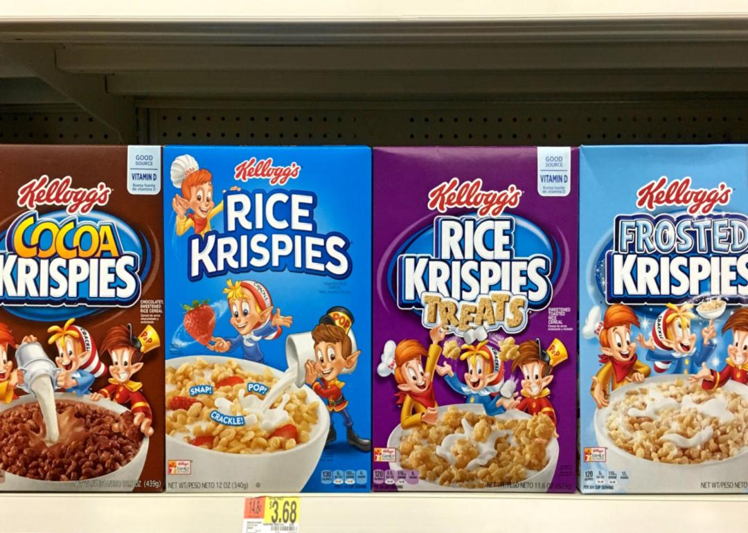 : Grocery store shelf with boxes of Kellogg's brand Rice Krispies in various flavors