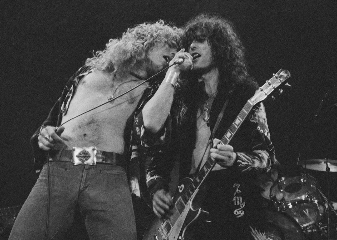 Robert Plant and Jimmy Page of Led Zeppelin performing at Earl's Court, London, May 1975.