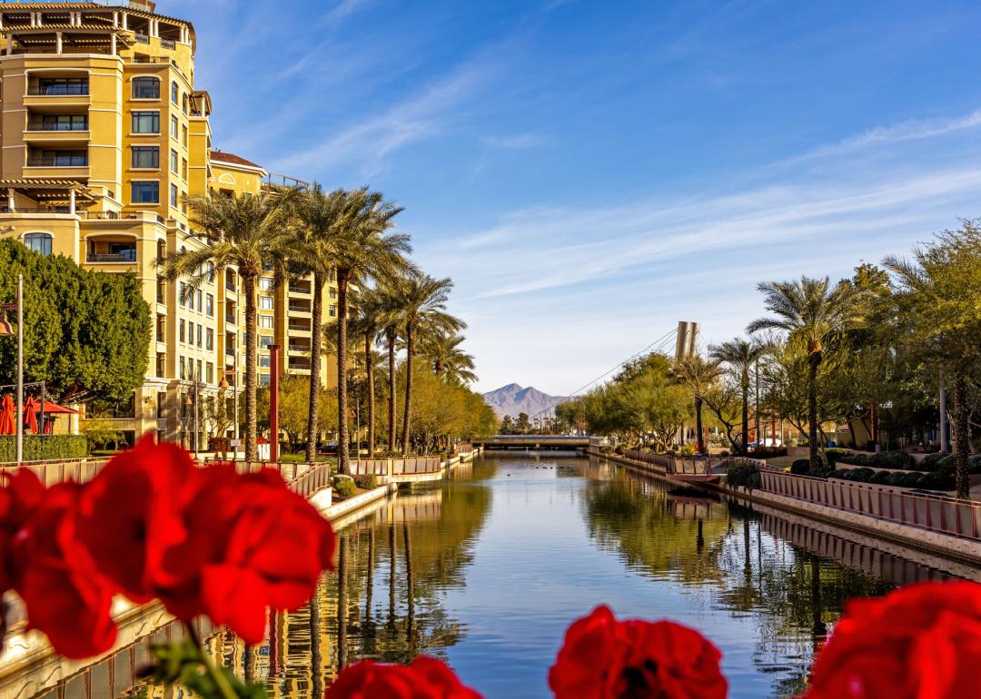 View of buildings separated by canal in Scottsdale, Arizona