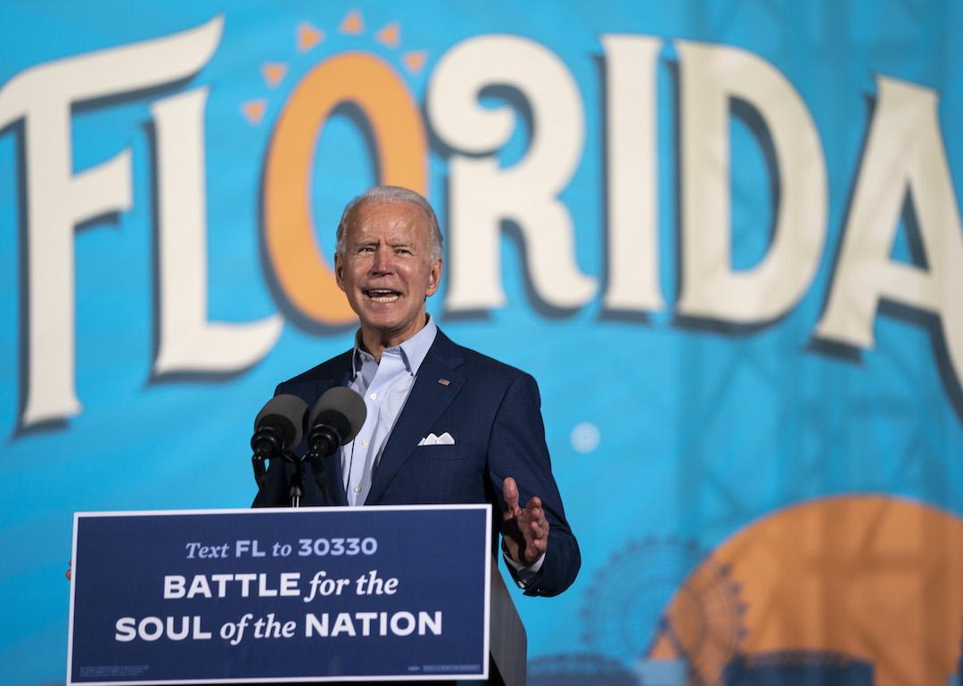 Then-democratic presidential nominee Joe Biden speaks during a drive-in campaign rally at the Florida State Fairgrounds on October 29, 2020 in Tampa, Florida. 