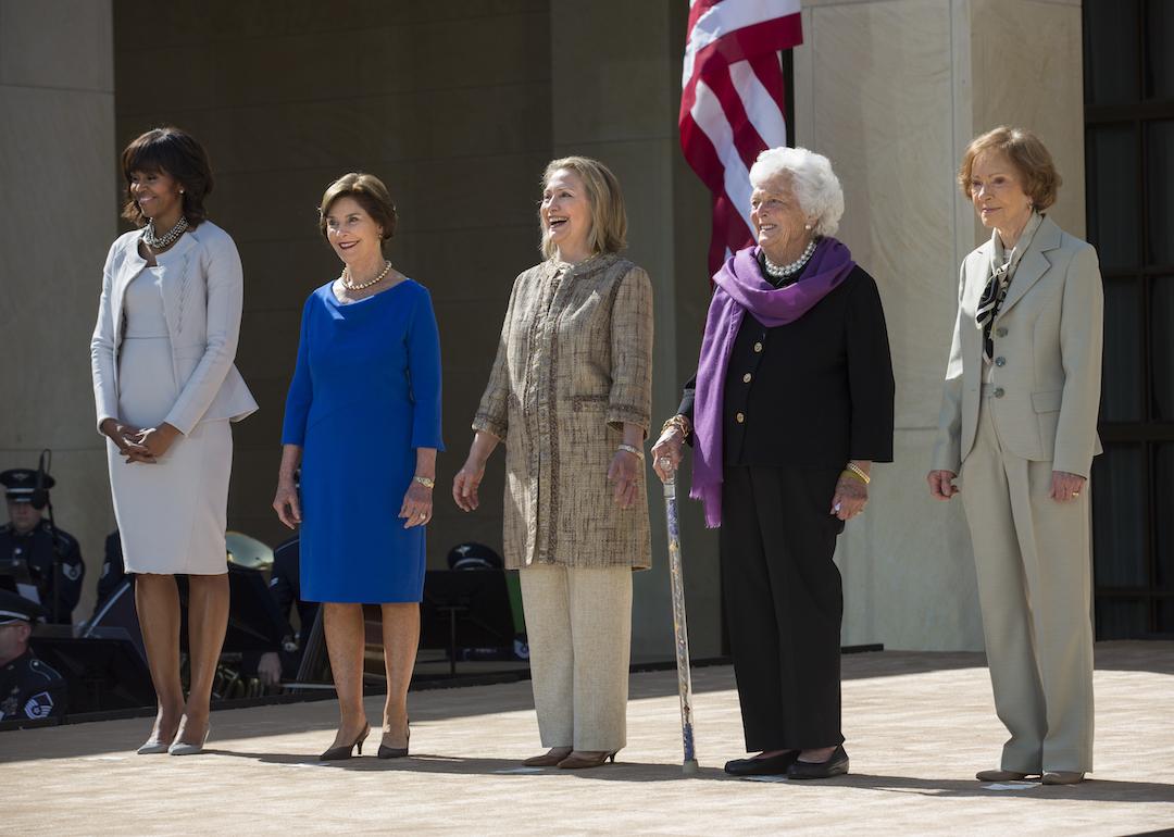 Former first ladies Michelle Obama, Laura Bush, Hillary Clinton, Barbara Bush, and Rosalynn Carter at the dedication ceremony for the George W. Bush Presidential Center in Dallas in 2013.