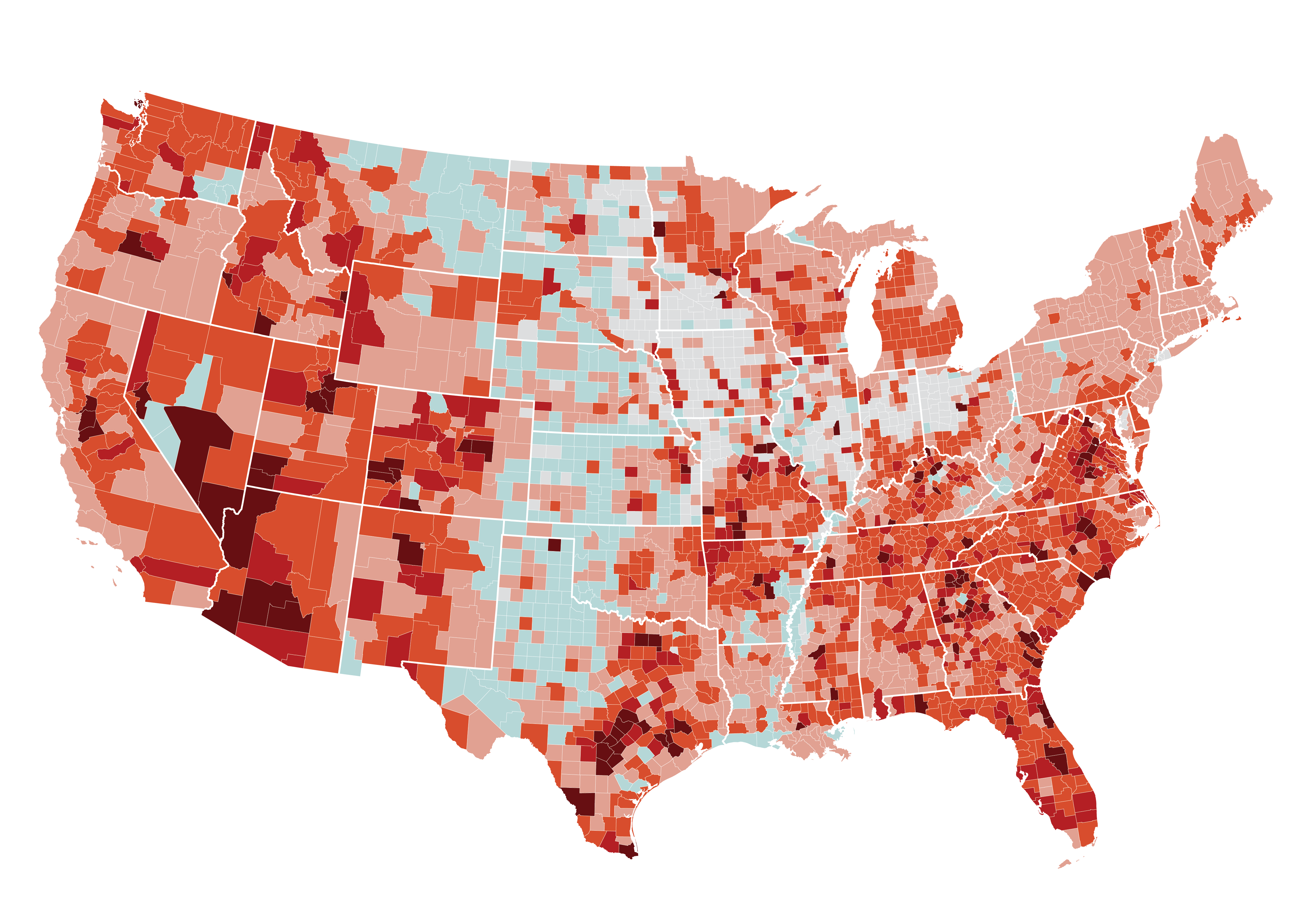 County map showing growth of housing units in wildland-urban interface