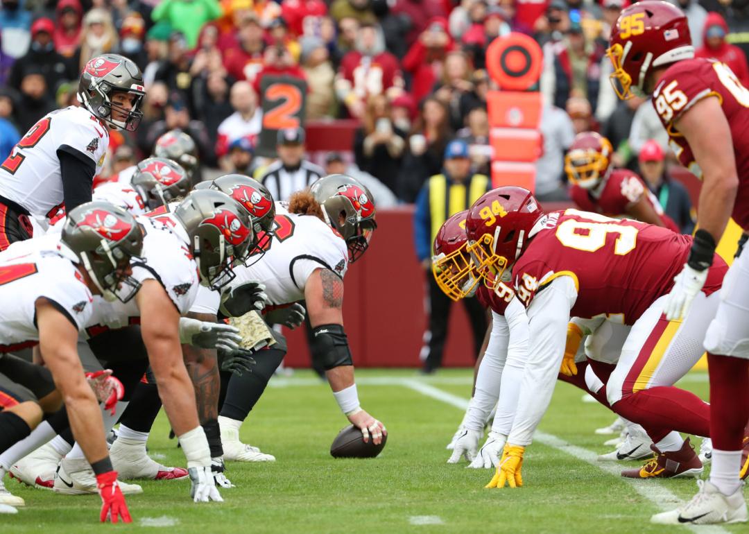 The line of scrimmage with quarterback Tom Brady of the Tampa Bay Buccaneers during an NFL game at FedEx Field in 2021.