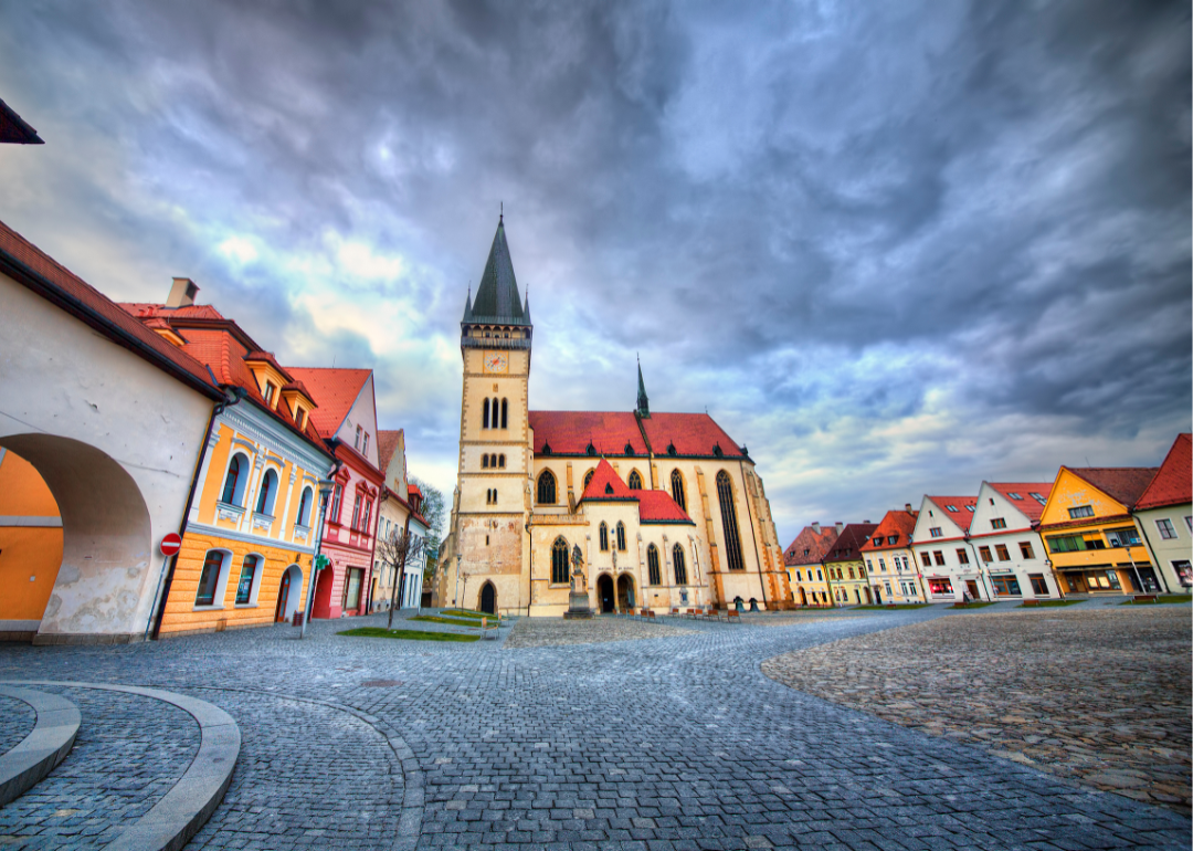 Cobblestone street and buildings in Bardejov, Slovakia