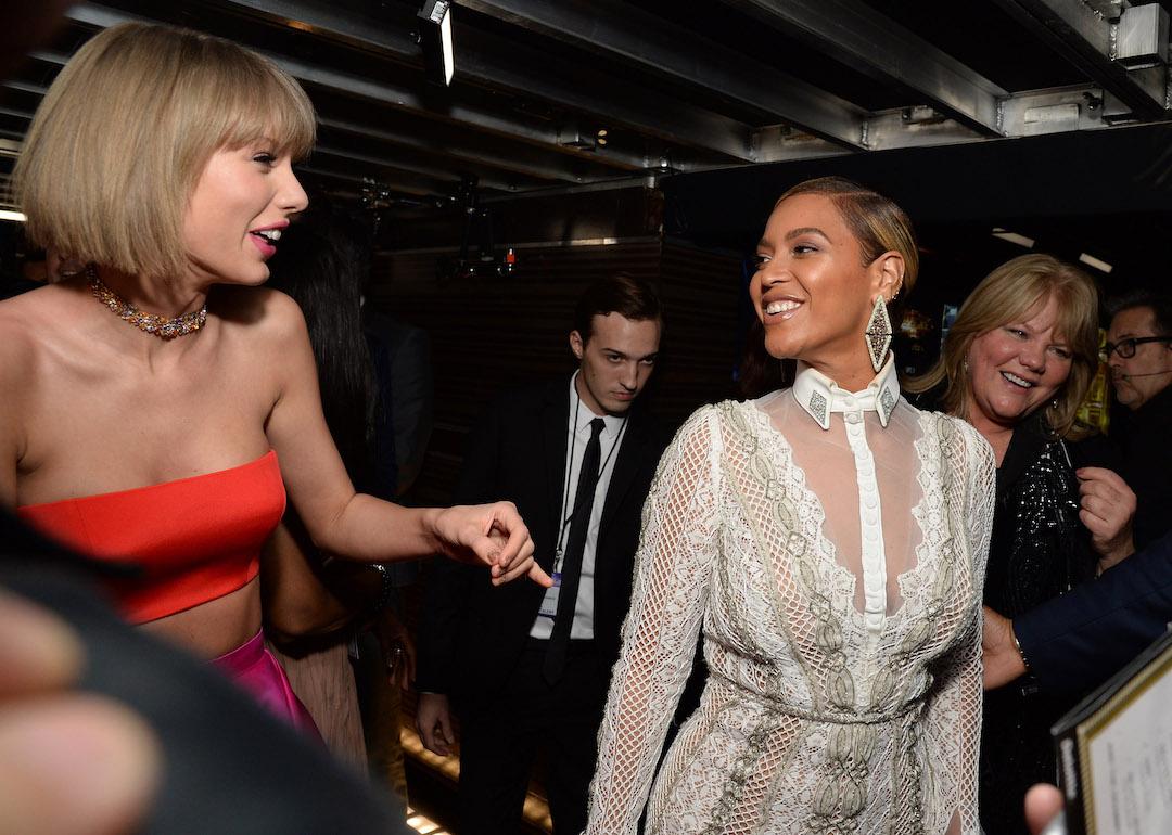 Singers Taylor Swift and Beyonce backstage at the 58th Grammy Awards at Staples Center on February 15, 2016 in Los Angeles, California.