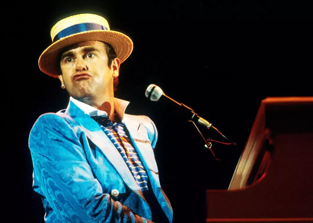 Elton John playing the piano in concert in 1974.
