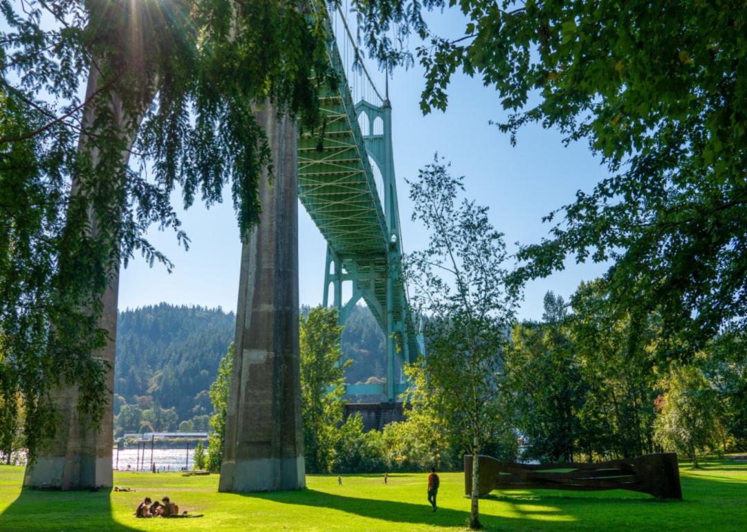Scenic St Johns Bridge spanning Cathedral Park and the Willamette River in north Portland.