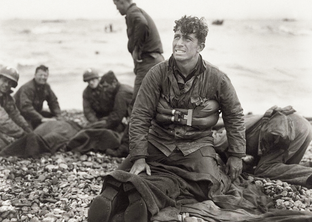 Second Lieutenant Walter Sidlowski of 348th Engineer C Battalion, 5th Engineer Special Brigade, on Omaha Beach, Normandy, after helping to rescue a group of drowning soldiers after their landing craft sank on the morning of 7th June 1944 during the Normandy Landings.