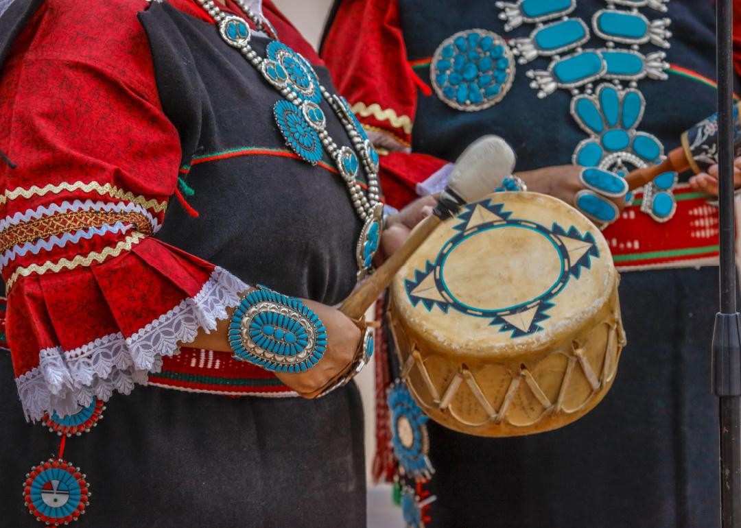 Member of Zuni tribe plays drum in ceremony in Gallup, New Mexico.