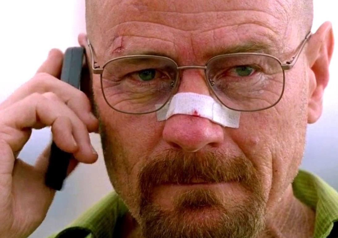 Bryan Cranston with a broken nose on the phone as Walter White on the AMC series 'Breaking Bad.'