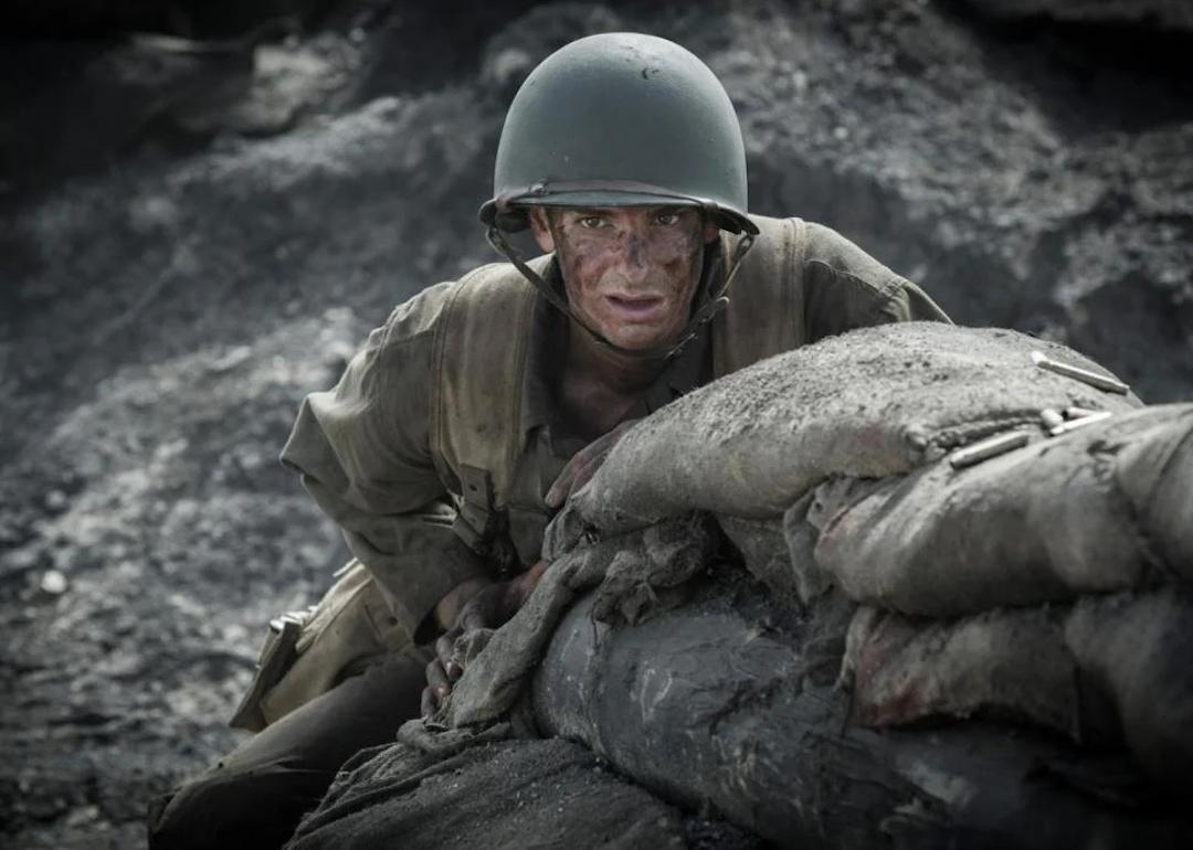 Andrew Garfield in uniform as an American Army medic in World War II in the movie 'Hacksaw Ridge.'
