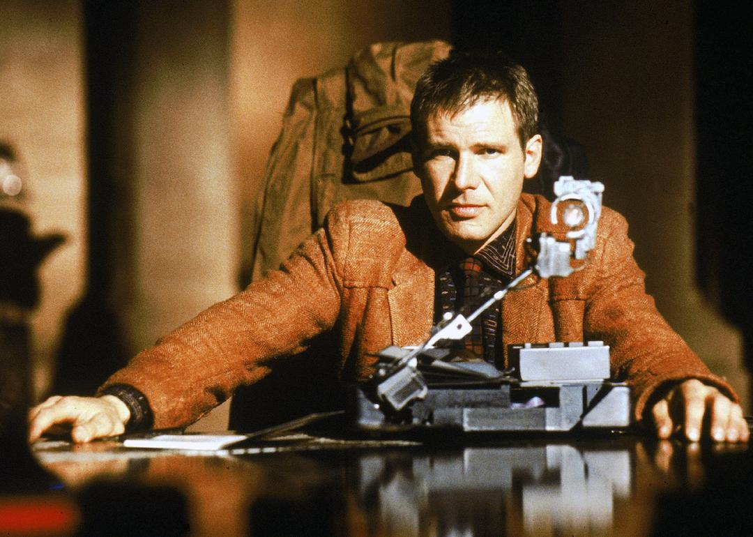 Harrison Ford on the set of the 1980s action movie 'Blade Runner.'