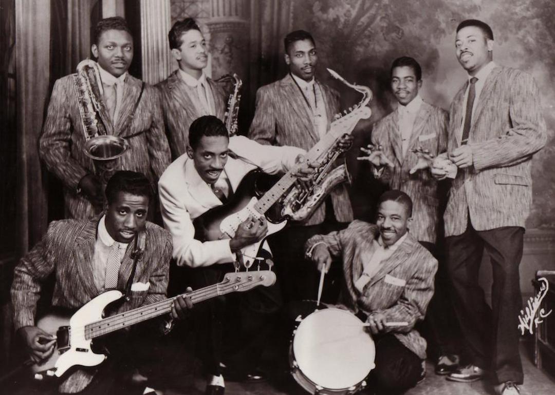  Ike Turner's Kings Of Rhythm in 1956. Back row (left to right): Jackie Brenston, Raymond Hill, Eddie Jones, Fred Sample, Billy Gayles. Front row (left to right): Jesse Knight Jr., Ike Turner, Eugene Washington.