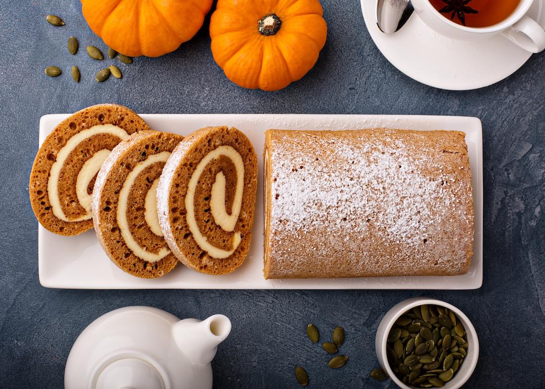 Pumpkin roll with cream cheese frosting and spiced tea.