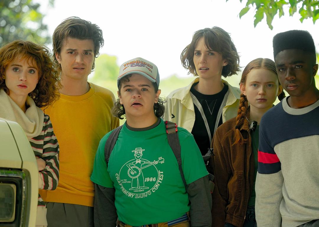 Cast of the Netflix hit series "Stranger Things" stares at the camera in a shot from season 4.