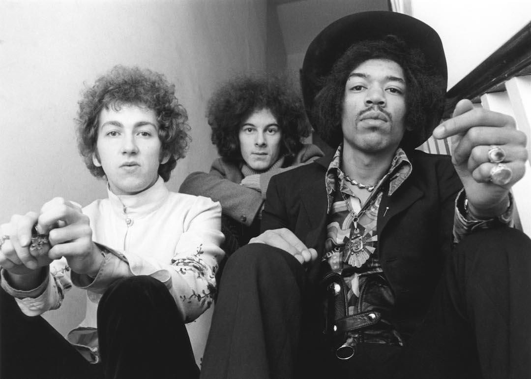 Mitch Mitchell, Noel Redding, and Jimi Hendrix of the Jimi Hendrix Experience pose for a group shot at the BBC TV Centre in 1967.