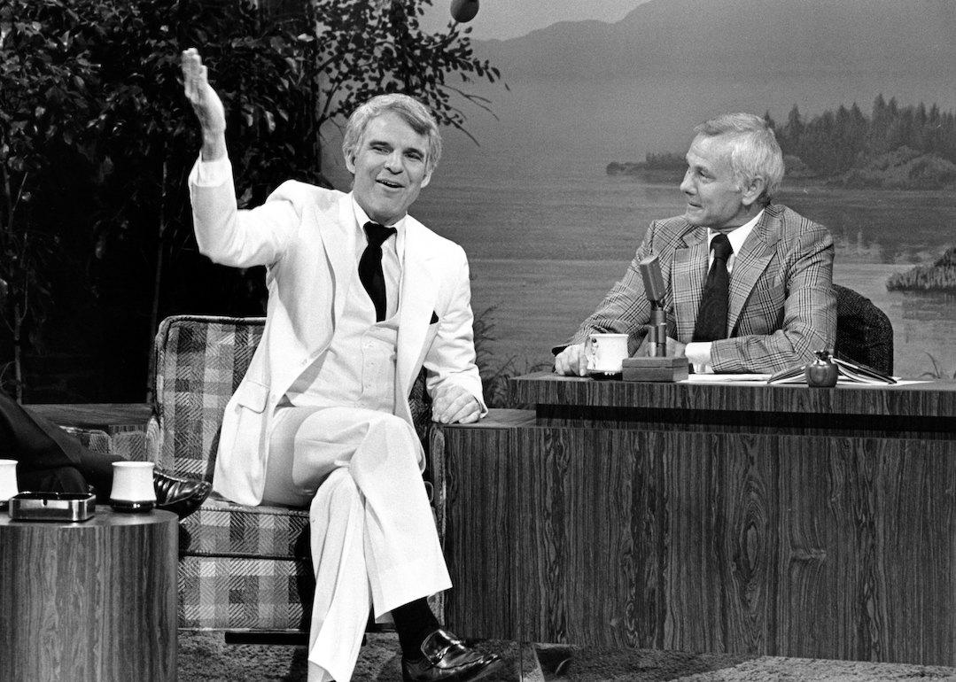 Comedian Steve Martin appears on the 'Tonight Show' with host Johnny Carson on March 10, 1979 in Los Angeles, California.