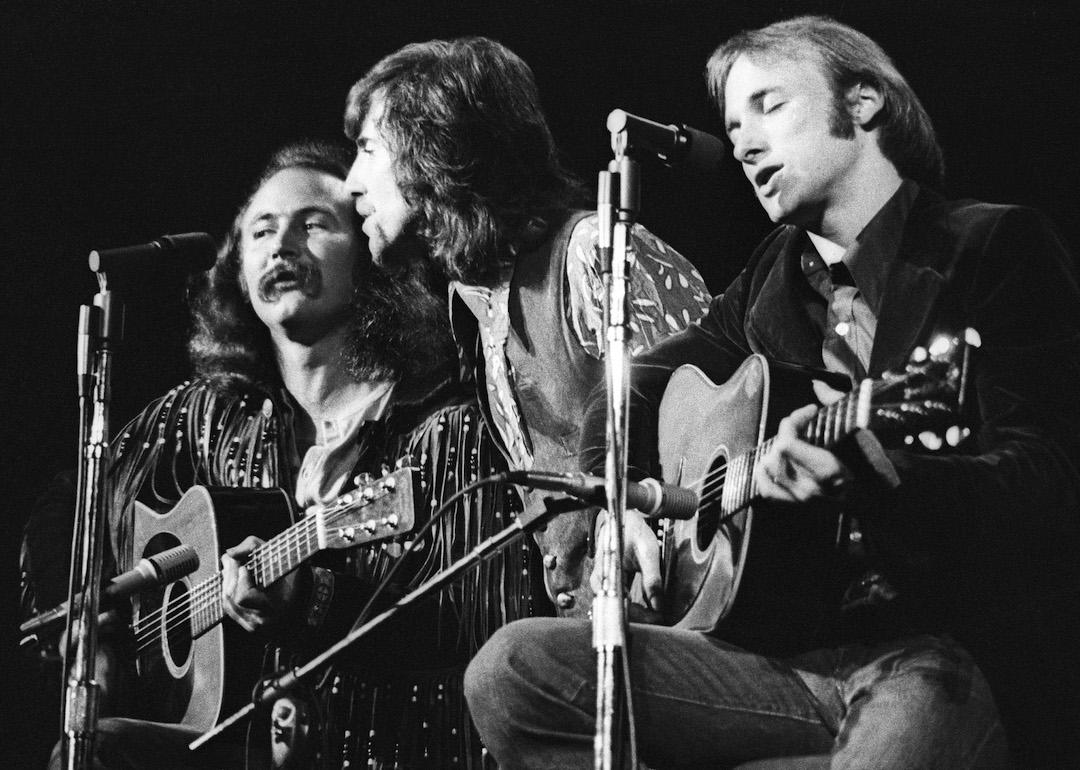 David Crosby, Graham Nash and Stephen Stills of Crosby, Stills and Nash performing in 1970 in Detroit, Michigan.