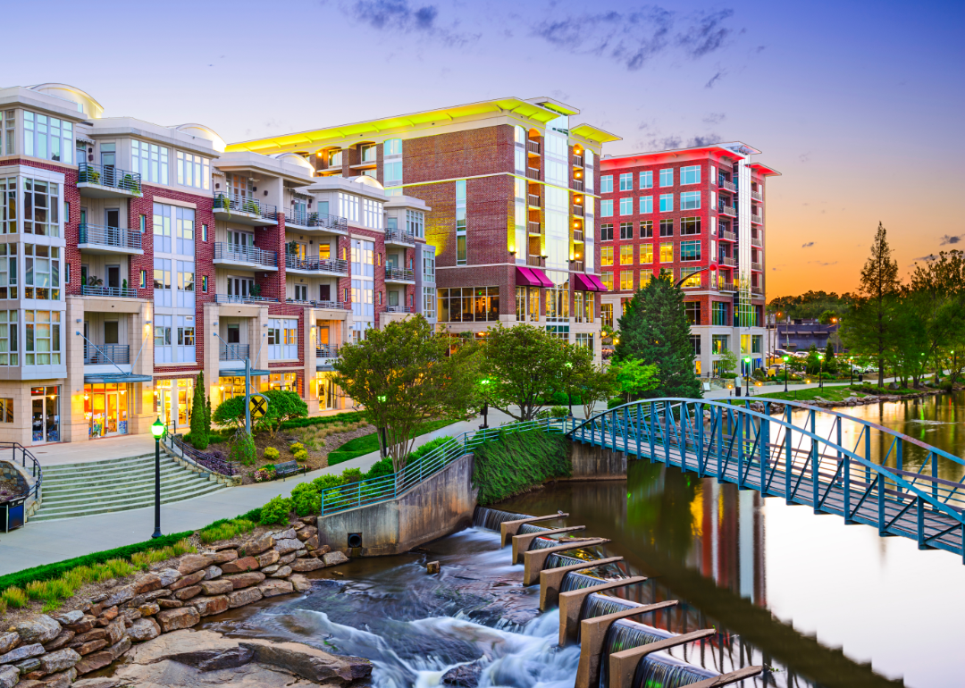 Buildings, bridge, and water in Greenville, South Carolina.