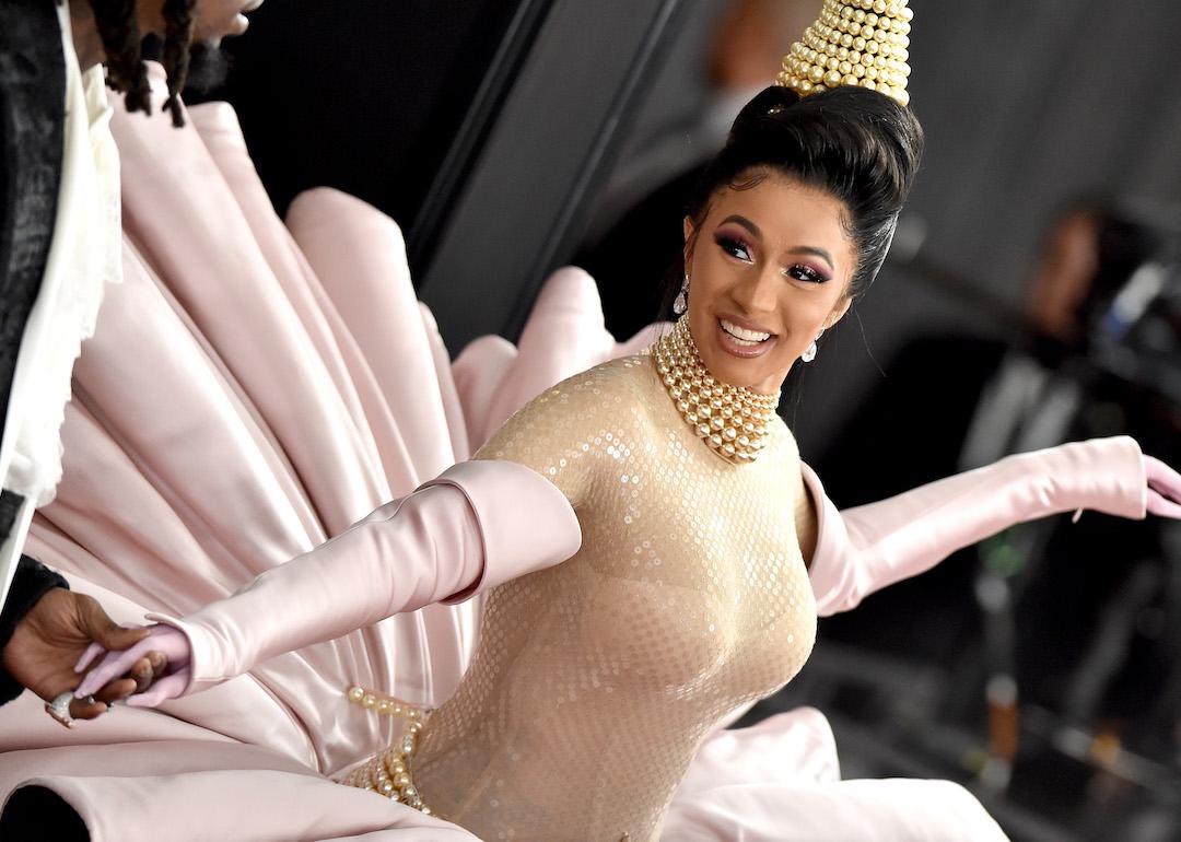 Cardi B dressed as a pearl in an oyster shell gown at the 2019 Grammys.